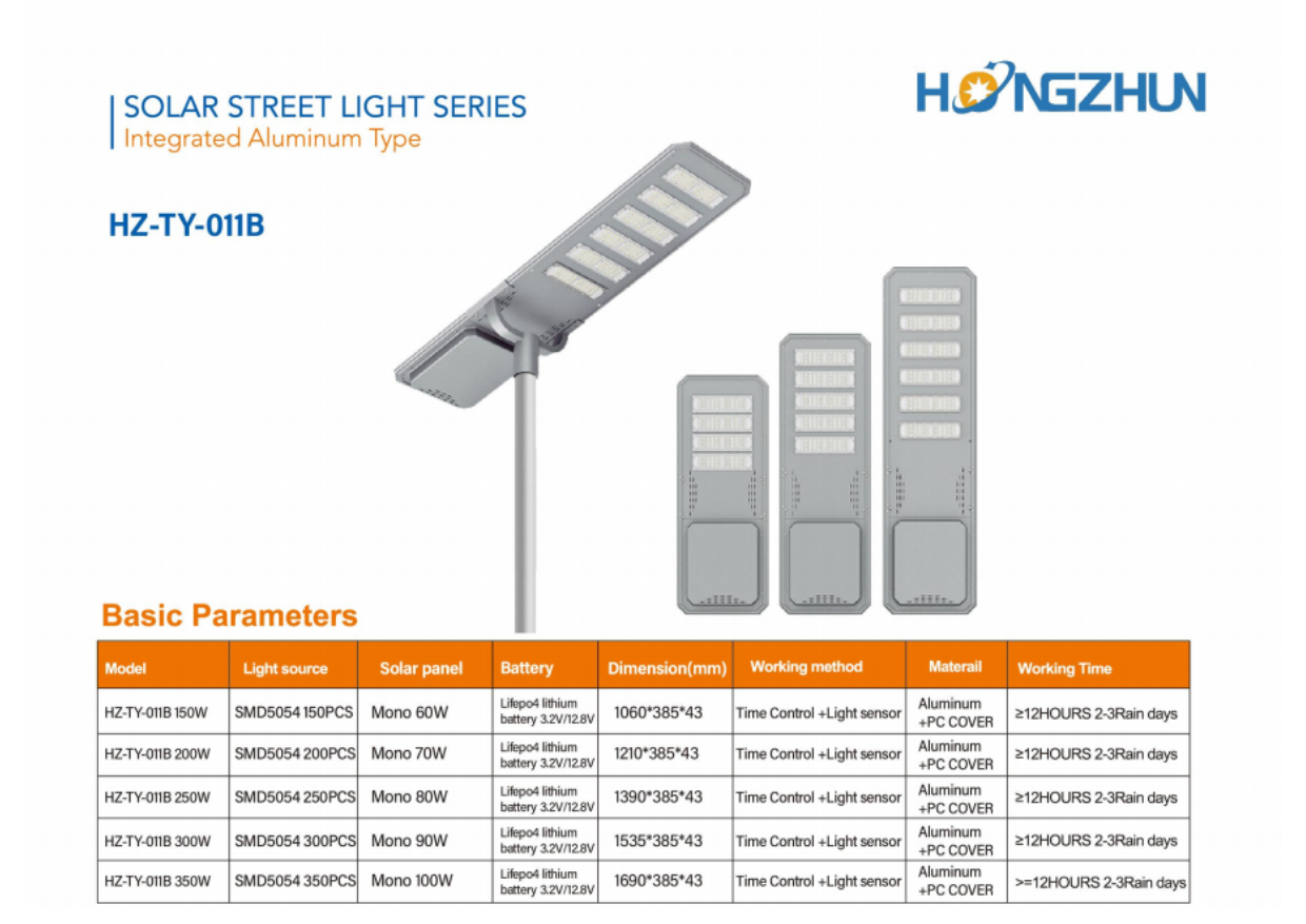 Catalogue đèn đường năng lượng mặt trời HONGZHUN HZ-TY-011B các phiên bản 150W–350W