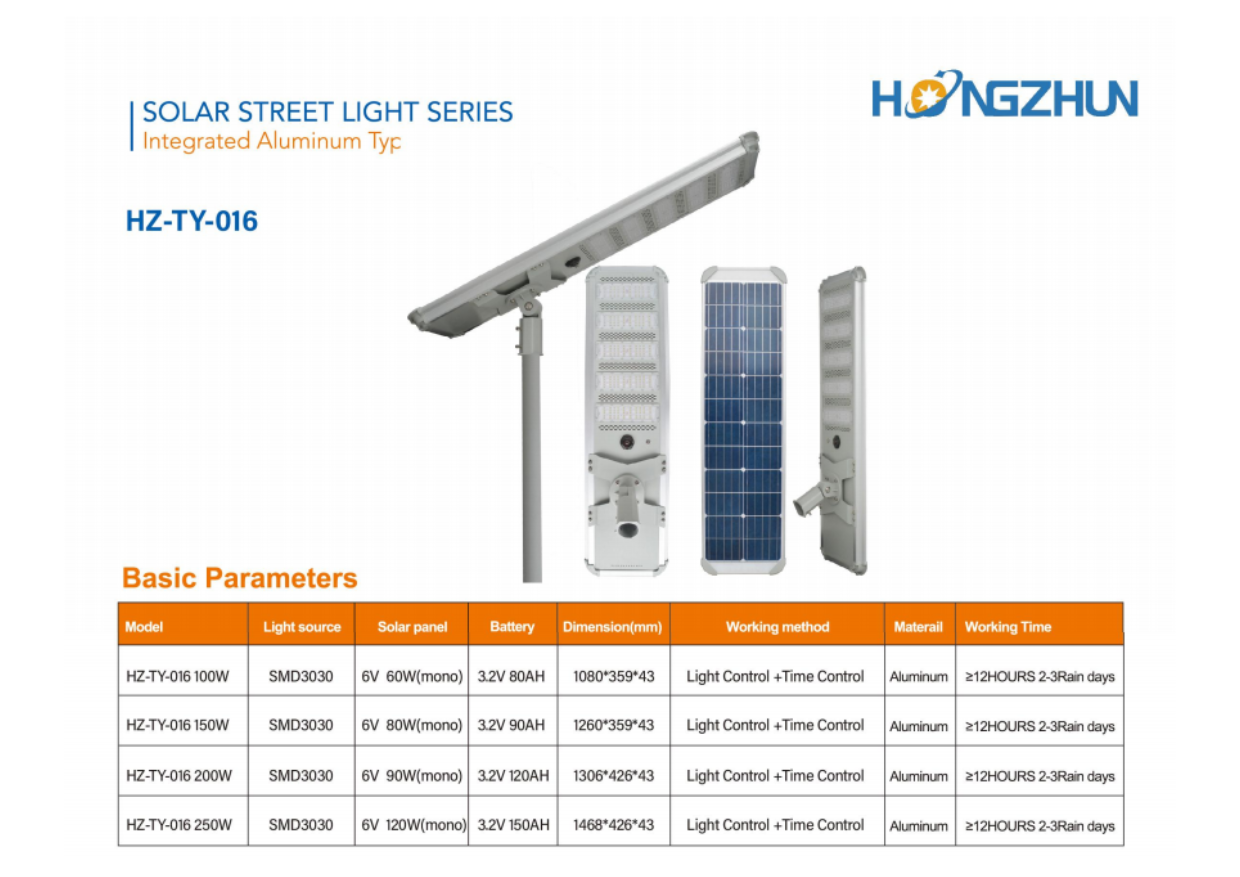 Catalogue đèn đường năng lượng mặt trời HONGZHUN HZ-TY-016 các phiên bản 100W–250W