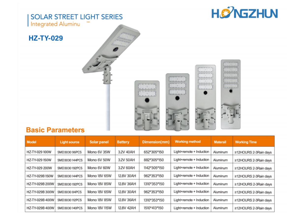 Catalogue đèn đường năng lượng mặt trời HONGZHUN HZ-TY-029 các phiên bản 100W–400W