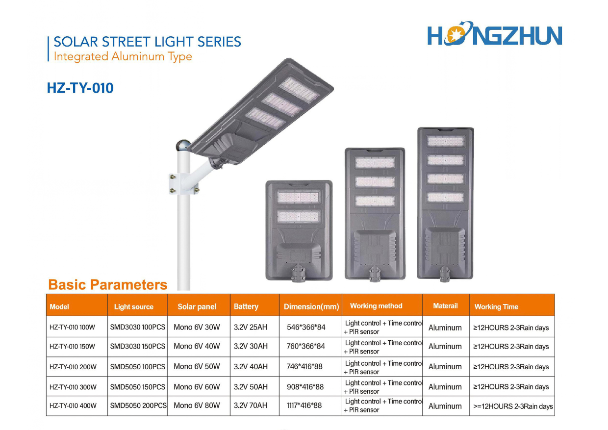 Catalogue đèn đường năng lượng mặt trời HONGZHUN HZ-TY-010 từ 100W đến 400W