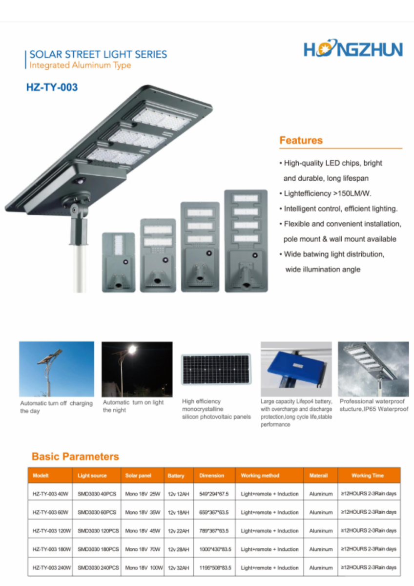 Đèn đường năng lượng mặt trời liền thể ABS HONGZHUN HZ-ABS-001 180W–400W catalogue thông số