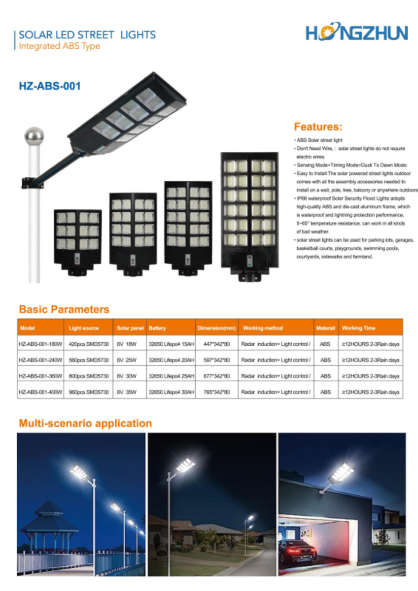 Đèn đường năng lượng mặt trời liền thể ABS HONGZHUN HZ-ABS-001 180W–400W catalogue thông số