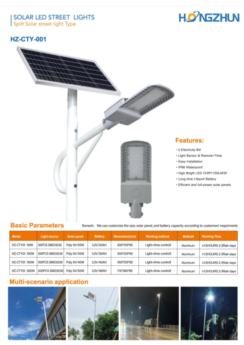 Đèn đường năng lượng mặt trời tấm pin rời HONGZHUN HZ-CTY-001 50W–200W catalogue thông số