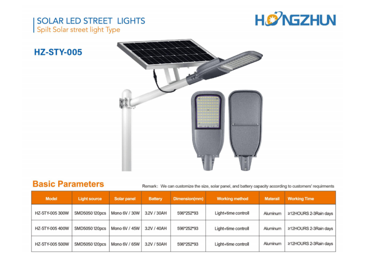 Đèn đường năng lượng mặt trời tấm pin rời HONGZHUN HZ-STY-005 catalogue thông số kỹ thuật