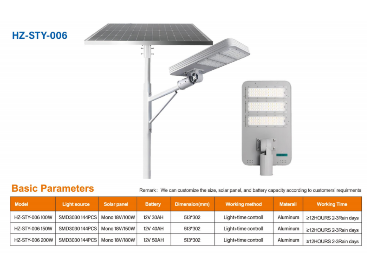 Đèn đường năng lượng mặt trời tấm pin rời HONGZHUN HZ-STY-006 catalogue thông số kỹ thuật