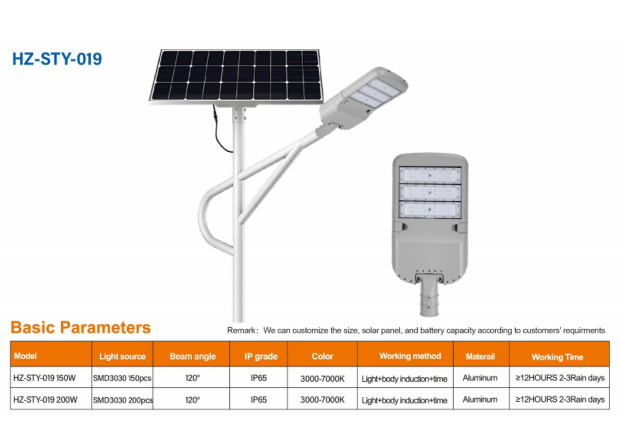 Đèn đường năng lượng mặt trời tấm pin rời HONGZHUN HZ-STY-019 catalogue thông số kỹ thuật