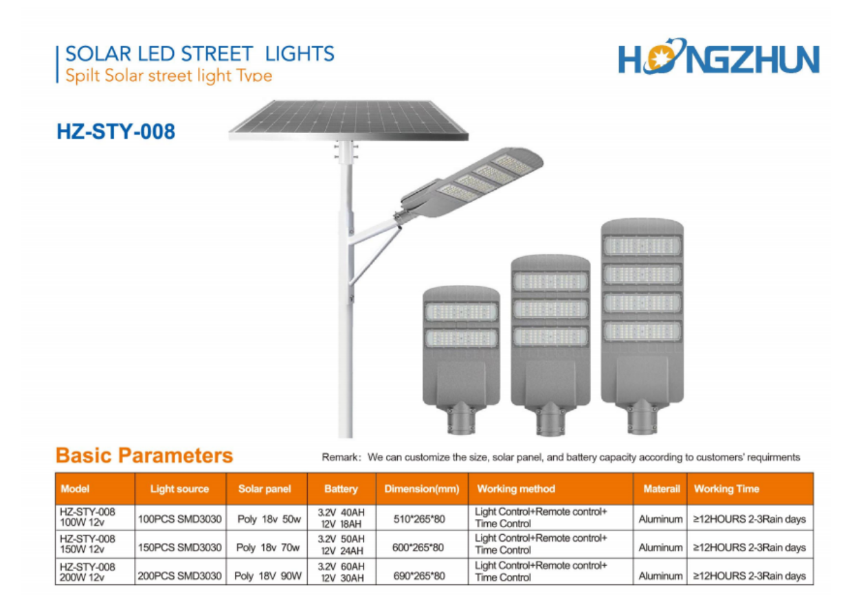 Đèn đường năng lượng mặt trời tấm pin rời HONGZHUN HZ-STY-008 catalogue thông số kỹ thuật