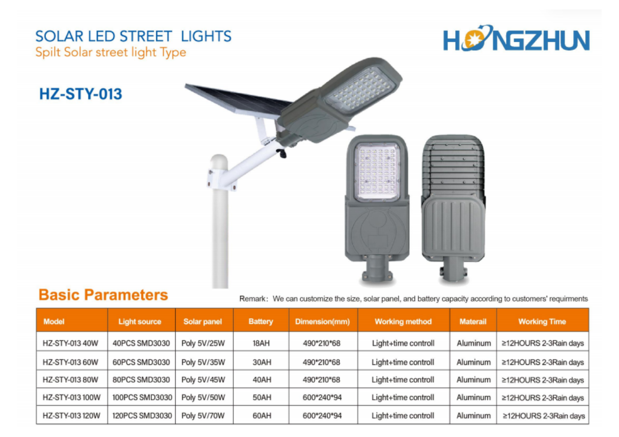 Đèn đường năng lượng mặt trời tấm pin rời HONGZHUN HZ-STY-013 catalogue thông số kỹ thuật