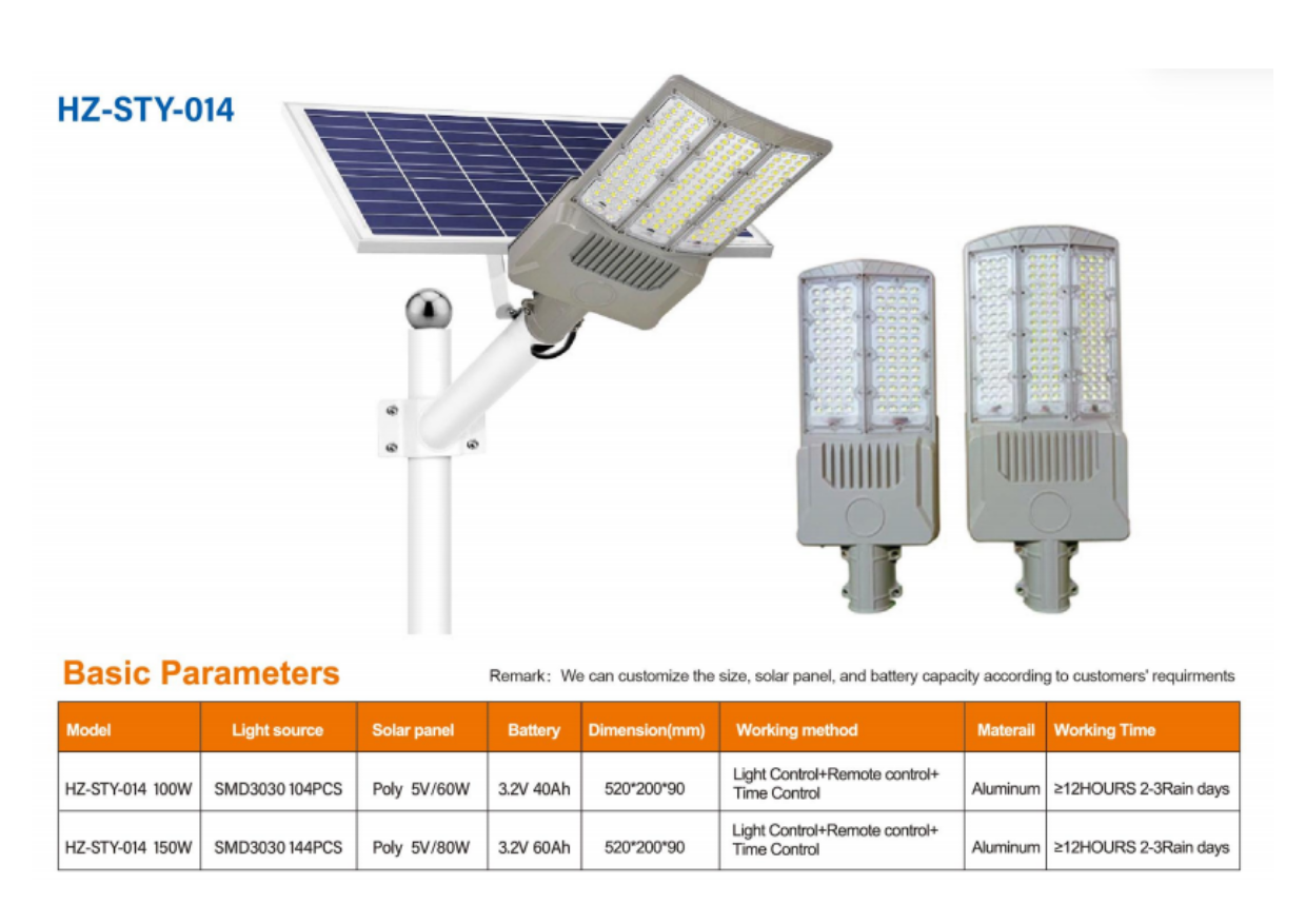 Đèn đường năng lượng mặt trời tấm pin rời HONGZHUN HZ-STY-014 thông số catalogue