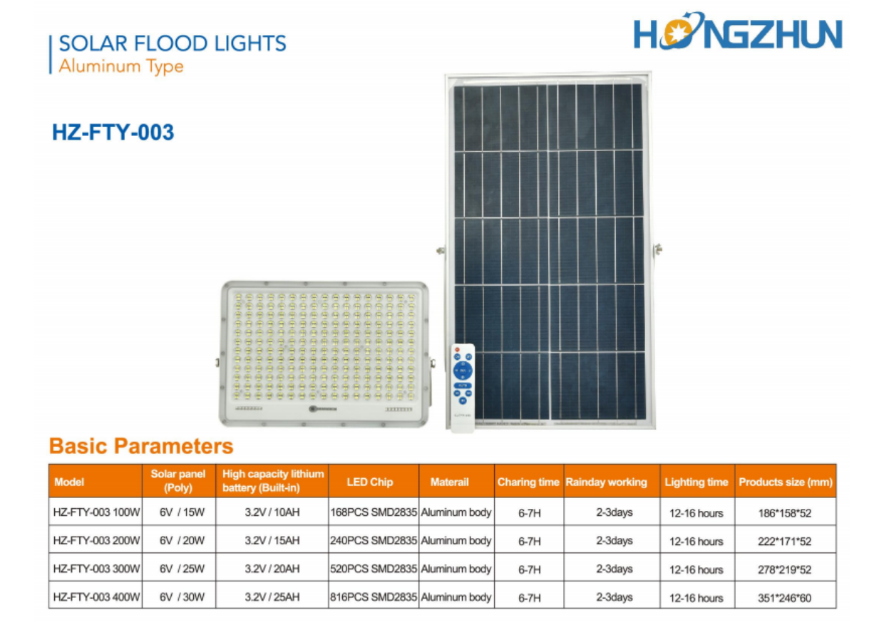 Đèn pha LED năng lượng mặt trời HONGZHUN HZ-FTY-003 thông số catalogue
