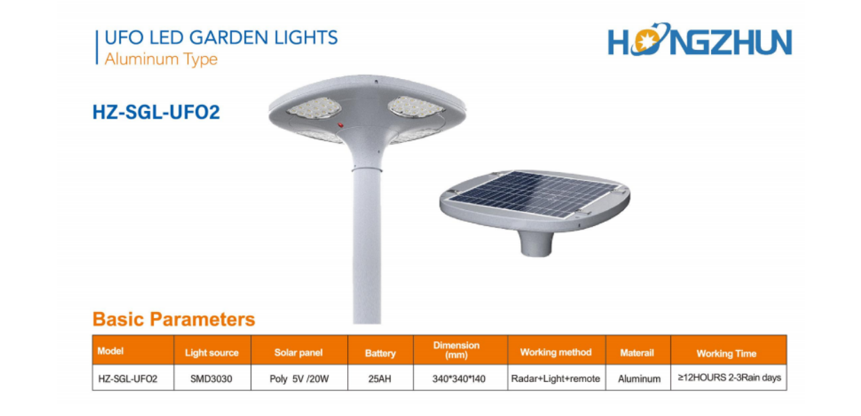 Đèn sân vườn UFO năng lượng mặt trời HONGZHUN HZ-SGL-UF02 thông số catalogue