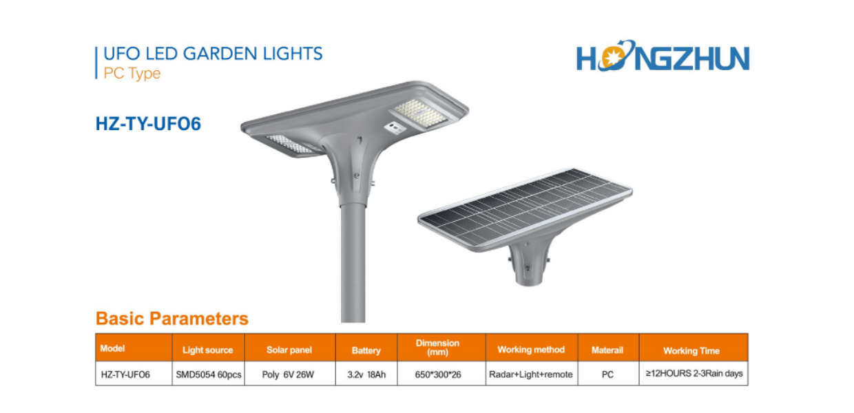Đèn sân vườn UFO năng lượng mặt trời HONGZHUN HZ-TY-UF06 catalogue thông số kỹ thuật