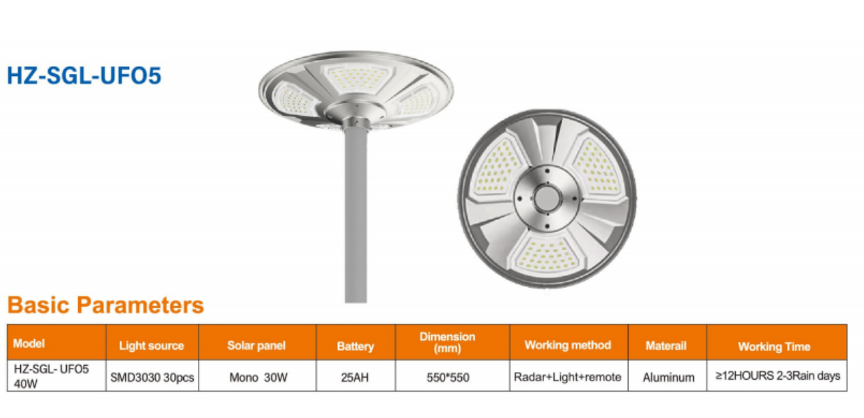 Đèn sân vườn UFO năng lượng mặt trời HONGZHUN HZ-SGL-UF05 catalogue thông số kỹ thuật