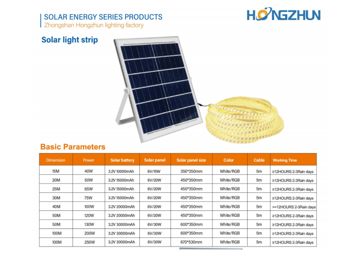 Dây đèn LED năng lượng mặt trời HONGZHUN Dây đèn LED thông số catalogue