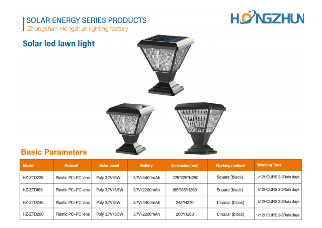 Đèn trụ trang trí sân vườn năng lượng mặt trời HONGZHUN HZ-ZTD thông số catalogue